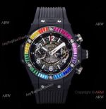 Swiss Grade Hublot Replica Watch Big Bang Unico 7750 Chrono Watch Diamond Rainbow Bezel Rubber Strap 45.5mm
